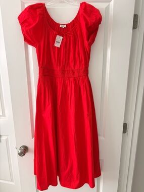 New with tags! J. Crew Bright Red Smocked-Waist Puff Sleeve Dress small tall